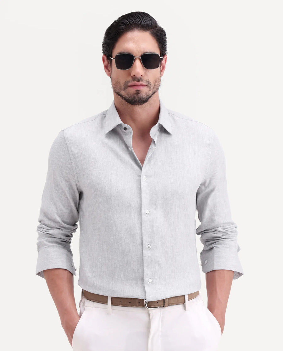Rare Rabbit Men's Jovi Light Grey Cotton Blend Fabric Full Sleeve Spread Collar Button Regular Plain Shirt