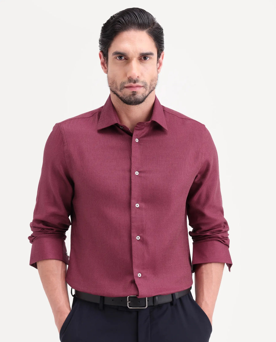 Rare Rabbit Men's Jovi Dusky Red Cotton Blend Fabric Full Sleeve Spread Collar Button Regular Plain Shirt