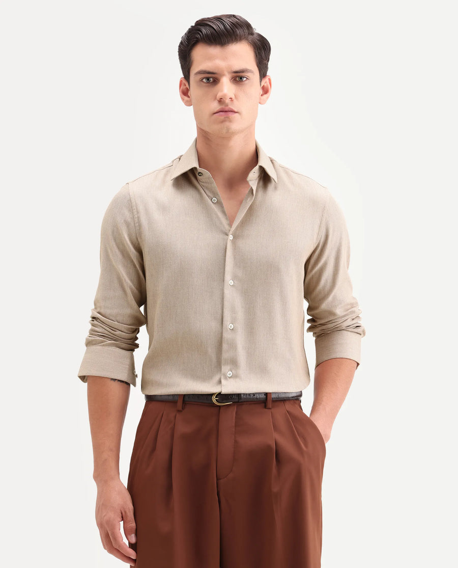 Rare Rabbit Men's Jovi Light Beige Cotton Blend Fabric Full Sleeve Spread Collar Button Regular Plain Shirt