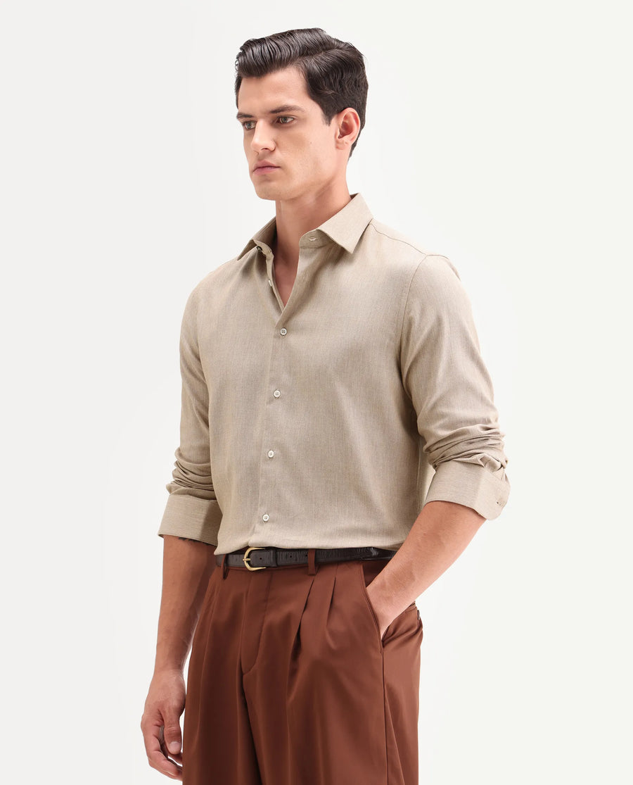 Rare Rabbit Men's Jovi Light Beige Cotton Blend Fabric Full Sleeve Spread Collar Button Regular Plain Shirt