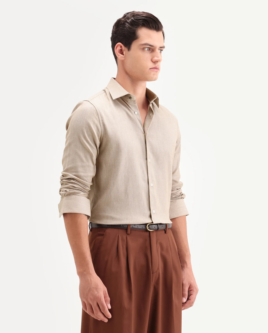 Rare Rabbit Men's Jovi Light Beige Cotton Blend Fabric Full Sleeve Spread Collar Button Regular Plain Shirt