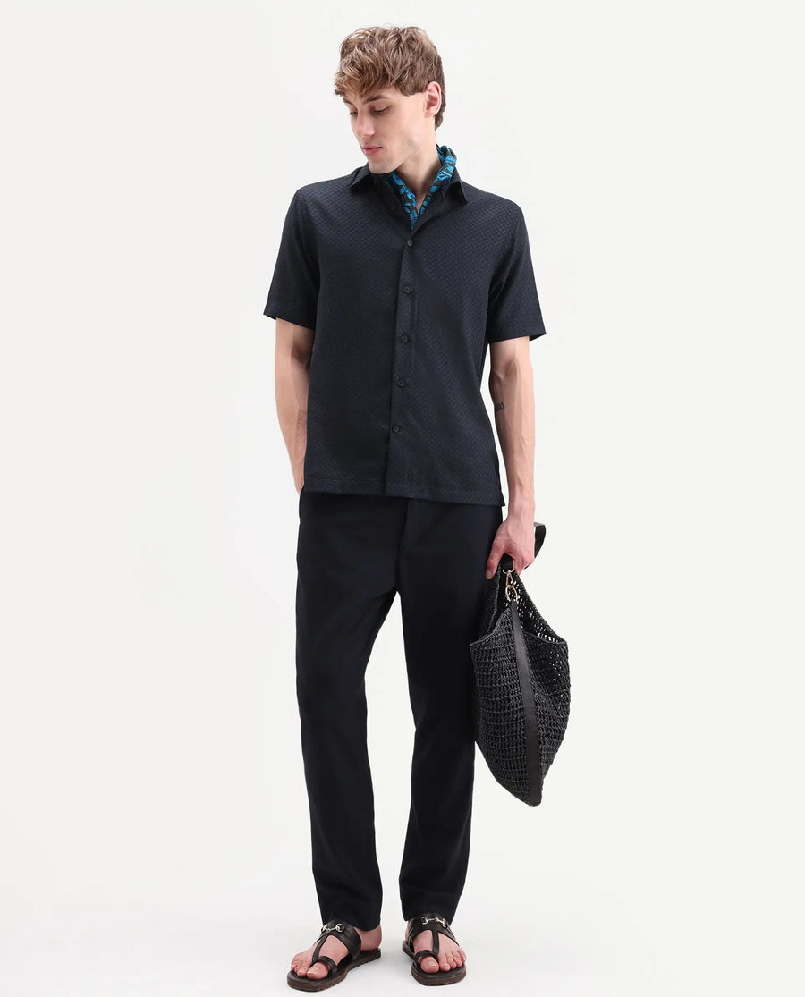 Rare Rabbit Men's Juxe-26-Ss Dark Navy Cotton Fabric Half Sleeve Spread Collar Button Regular Textured Shirt