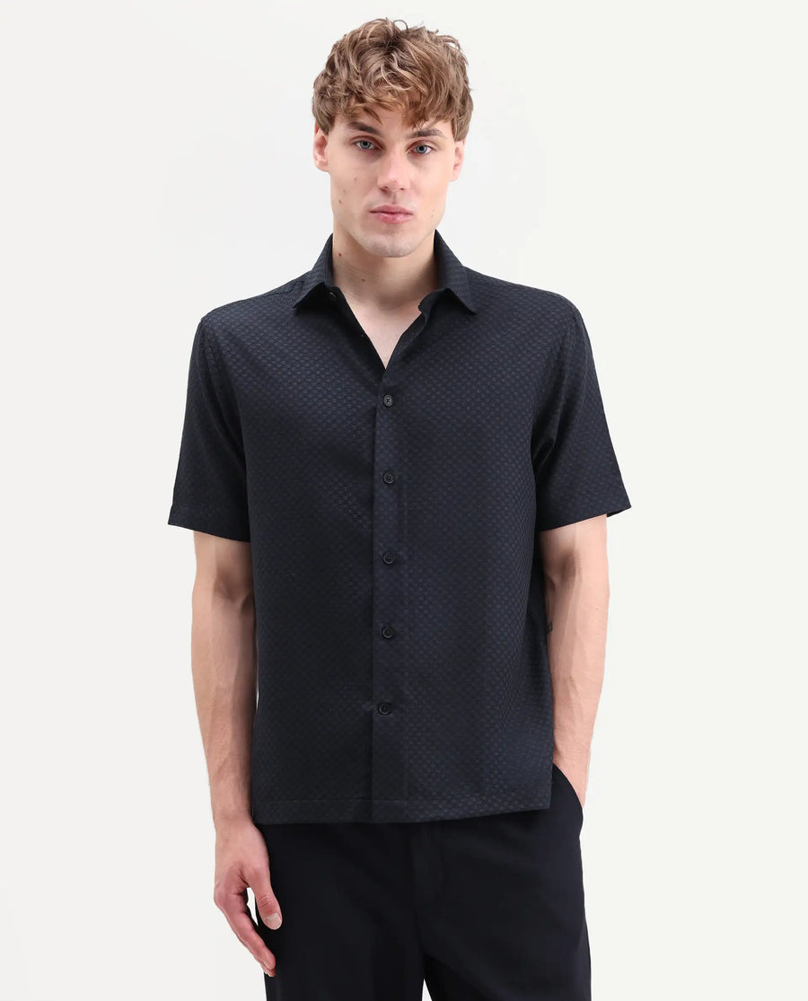 Rare Rabbit Men's Juxe-26-Ss Dark Navy Cotton Fabric Half Sleeve Spread Collar Button Regular Textured Shirt