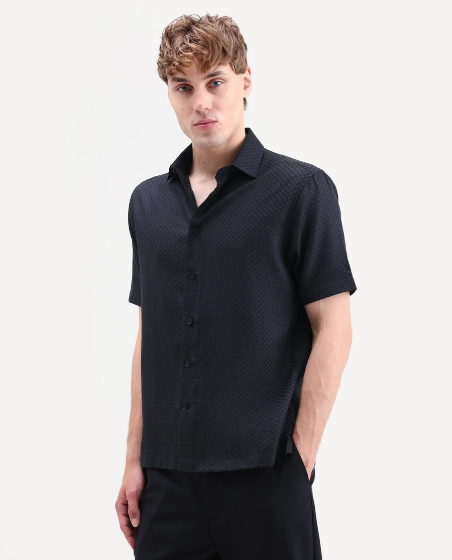 Rare Rabbit Men's Juxe-26-Ss Dark Navy Cotton Fabric Half Sleeve Spread Collar Button Regular Textured Shirt