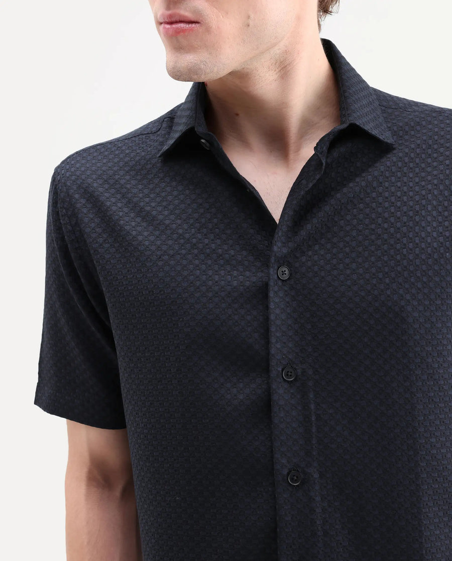 Rare Rabbit Men's Juxe-26-Ss Dark Navy Cotton Fabric Half Sleeve Spread Collar Button Regular Textured Shirt
