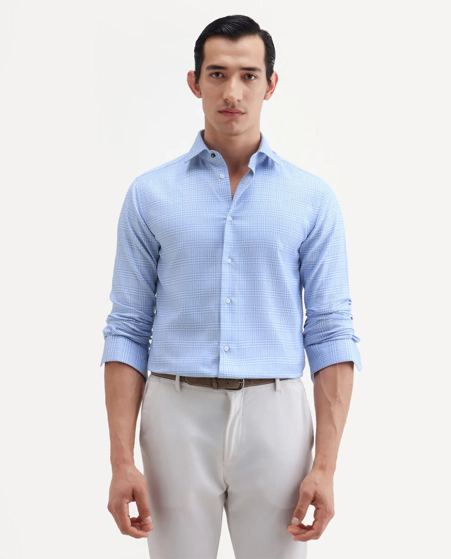 Rare Rabbit Men's Kate Light Blue Cotton Fabric Full Sleeve Spread Collar Regular Checked Shirt