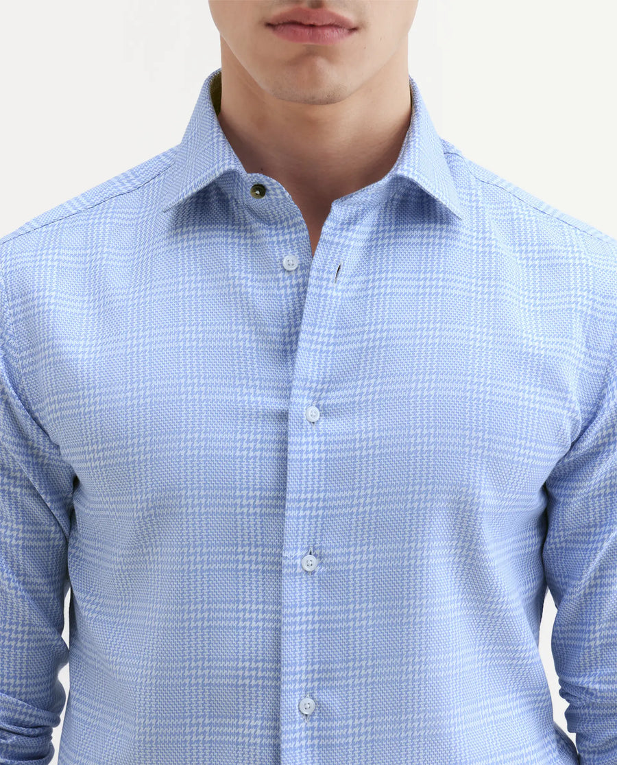 Rare Rabbit Men's Kate Light Blue Cotton Fabric Full Sleeve Spread Collar Regular Checked Shirt