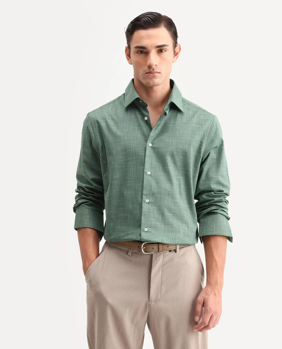 Rare Rabbit Men's Kenb Green Cotton Fabric Full Sleeve Spread Collar Button Regular Plain Shirt