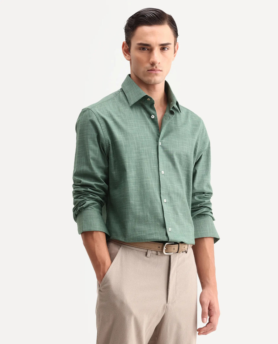 Rare Rabbit Men's Kenb Green Cotton Fabric Full Sleeve Spread Collar Button Regular Plain Shirt