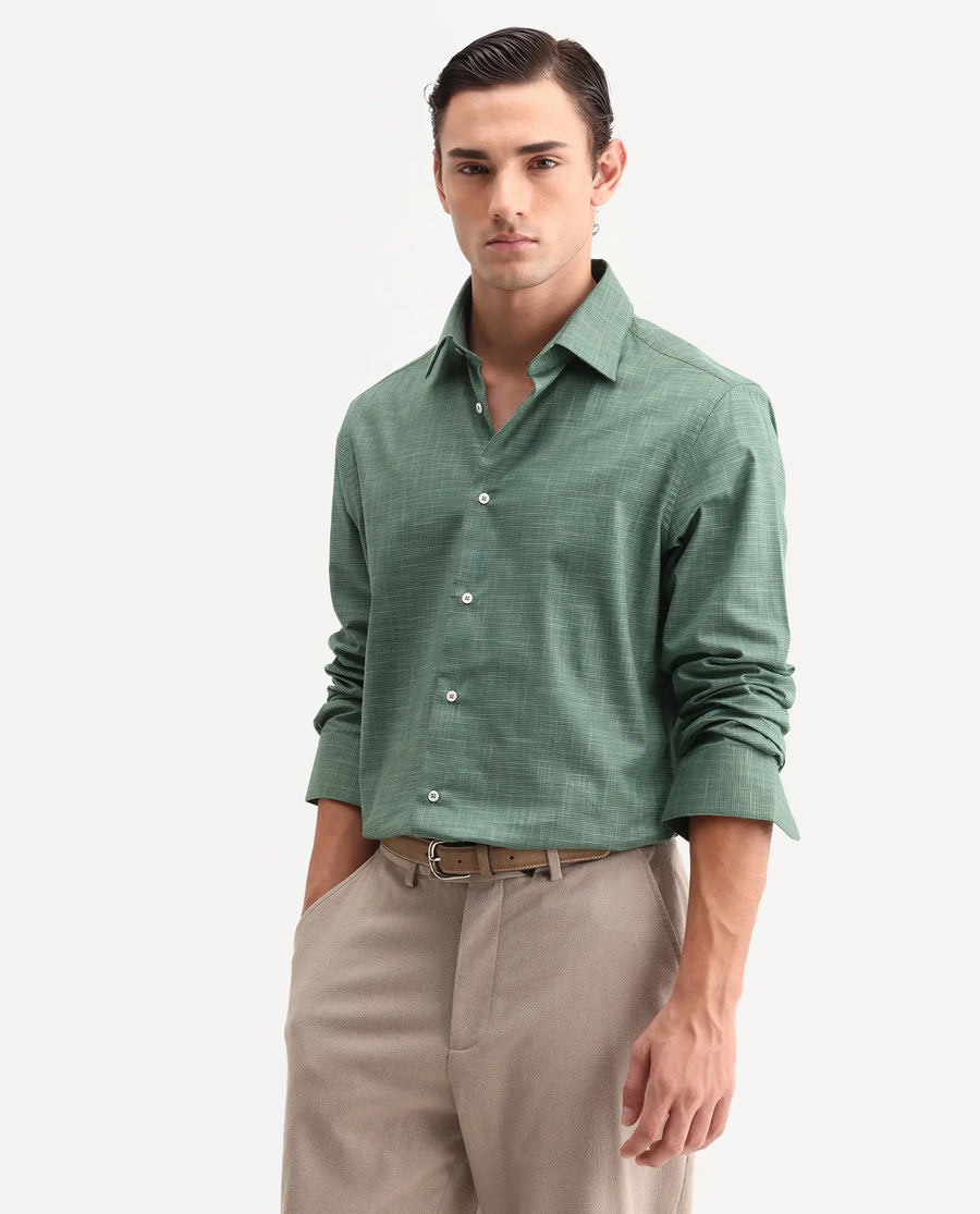 Rare Rabbit Men's Kenb Green Cotton Fabric Full Sleeve Spread Collar Button Regular Plain Shirt