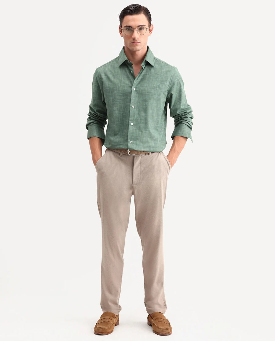 Rare Rabbit Men's Kenb Green Cotton Fabric Full Sleeve Spread Collar Button Regular Plain Shirt