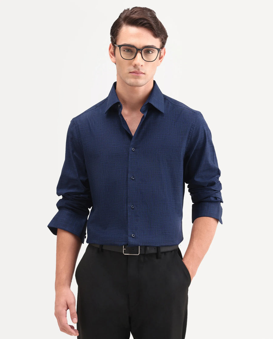 Rare Rabbit Men's Kenb Dark Blue Cotton Fabric Full Sleeve Spread Collar Button Regular Plain Shirt
