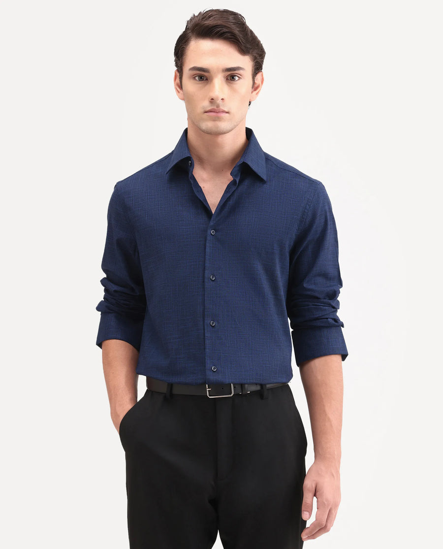 Rare Rabbit Men's Kenb Dark Blue Cotton Fabric Full Sleeve Spread Collar Button Regular Plain Shirt