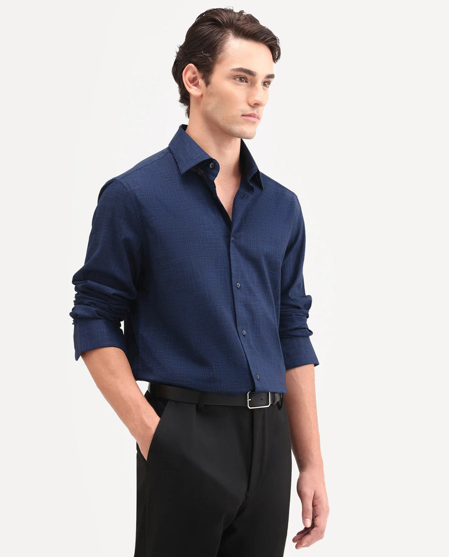 Rare Rabbit Men's Kenb Dark Blue Cotton Fabric Full Sleeve Spread Collar Button Regular Plain Shirt