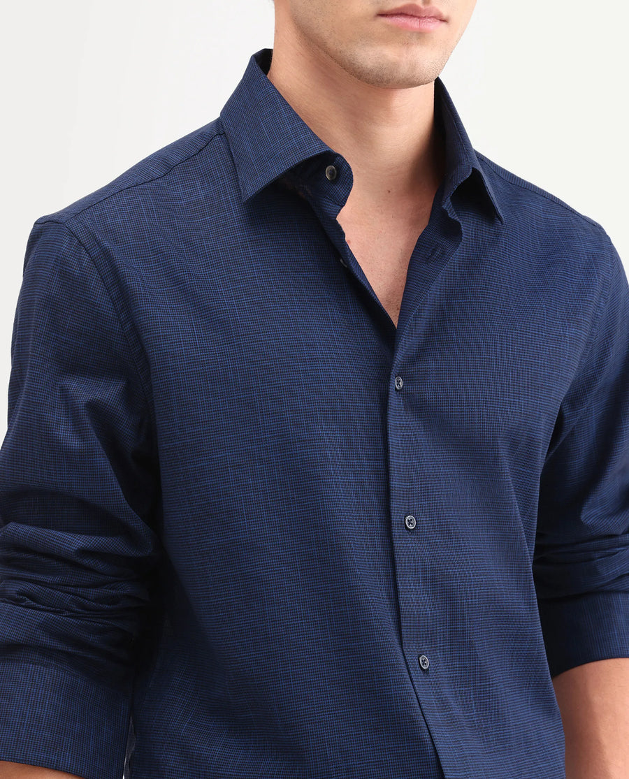 Rare Rabbit Men's Kenb Dark Blue Cotton Fabric Full Sleeve Spread Collar Button Regular Plain Shirt