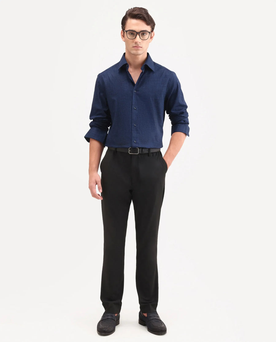 Rare Rabbit Men's Kenb Dark Blue Cotton Fabric Full Sleeve Spread Collar Button Regular Plain Shirt