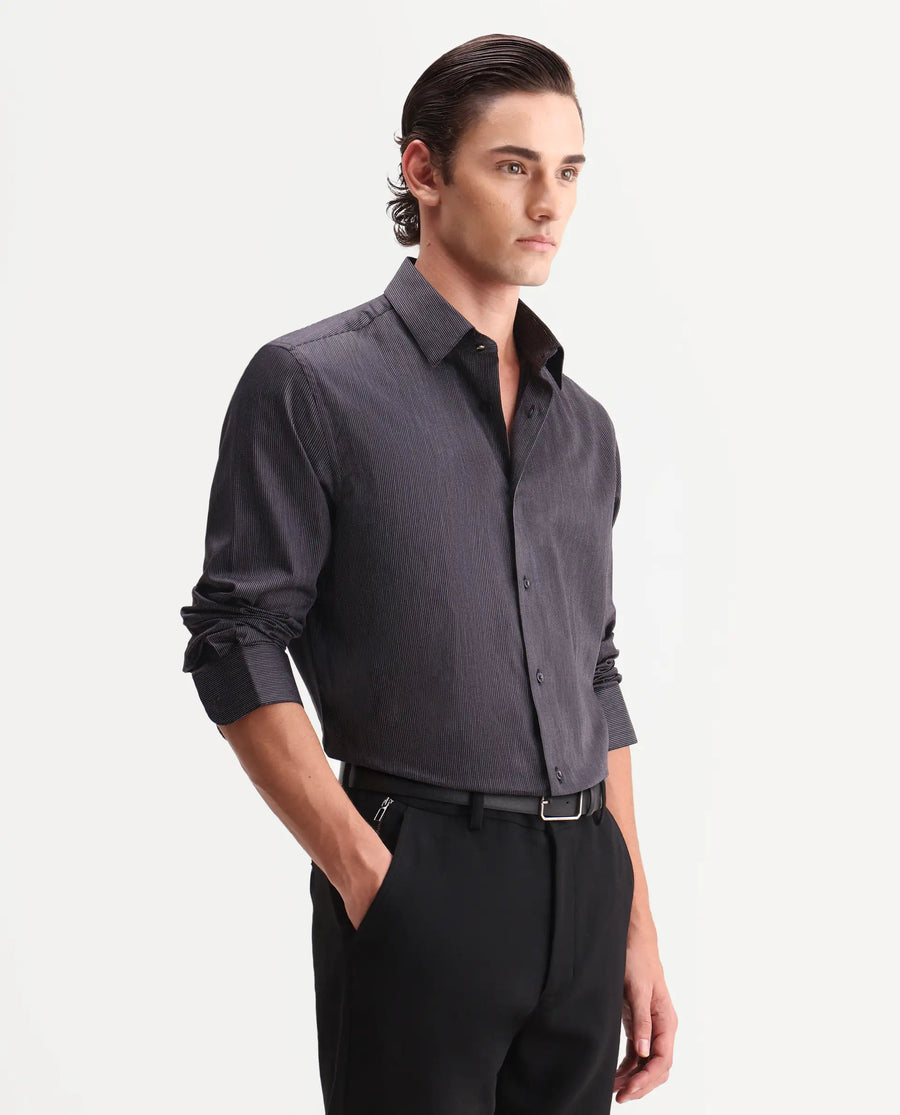 Rare Rabbit Men's Kent Black Cotton Fabric Full Sleeve Spread Collar Button Regular Plain Shirt