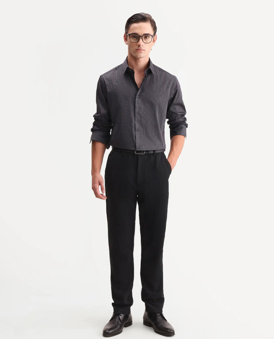 Rare Rabbit Men's Kent Black Cotton Fabric Full Sleeve Spread Collar Button Regular Plain Shirt