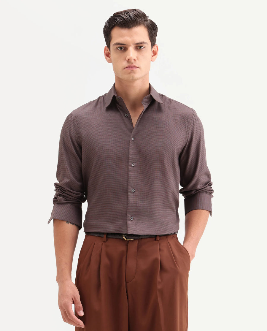 Rare Rabbit Men's Lume Maroon Tencel Fabric Full Sleeve Spread Collar Button Regular Plain Shirt