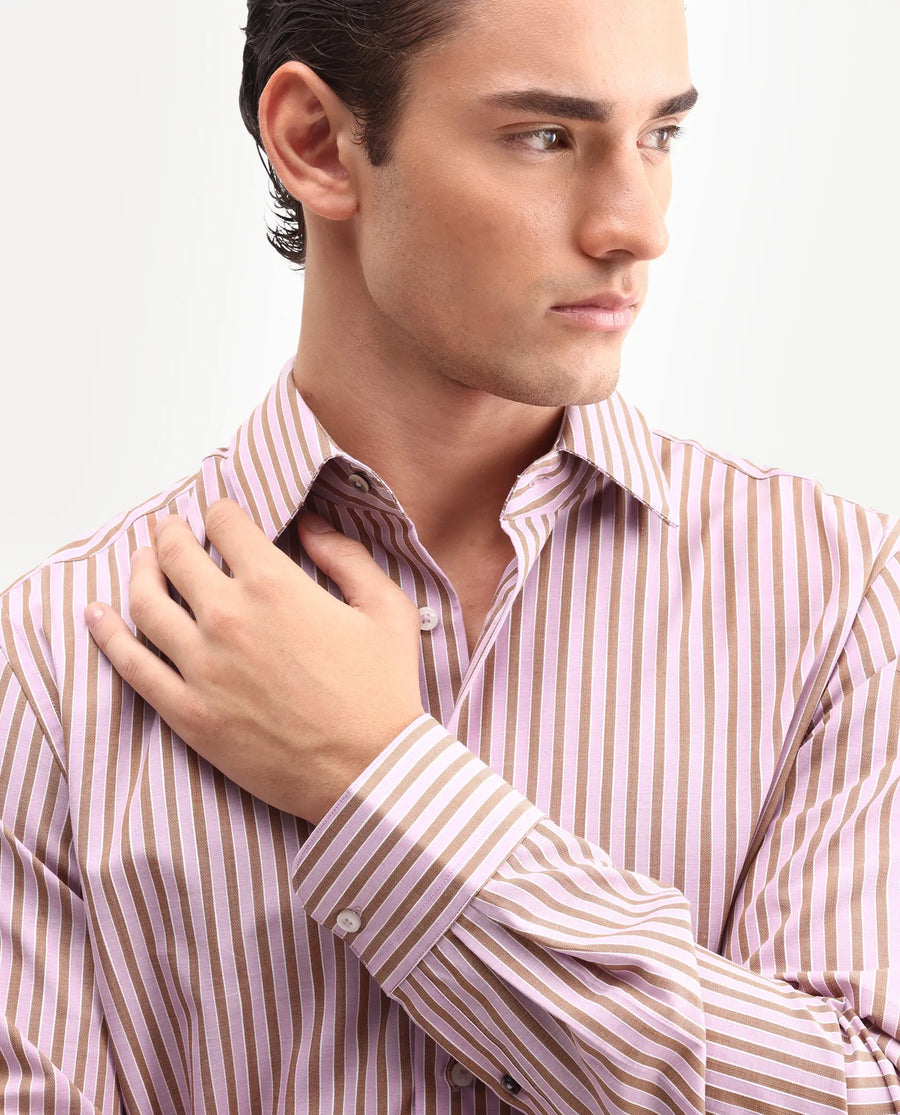 Rare Rabbit Men's Mant Pink Cotton Full Sleeve Spread Collar Regular Fit Striped Shirt