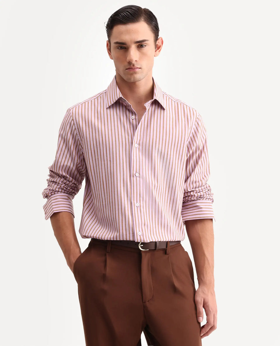 Rare Rabbit Men's Mant Pink Cotton Full Sleeve Spread Collar Regular Fit Striped Shirt