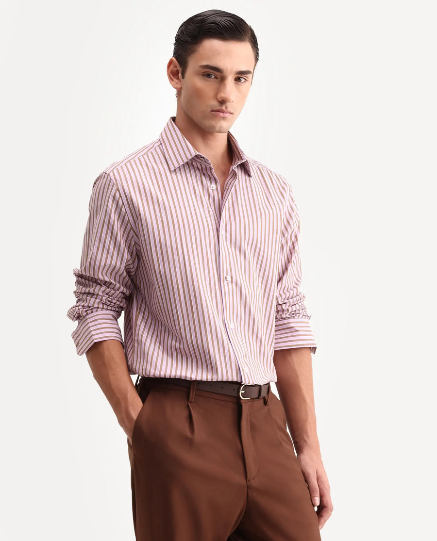 Rare Rabbit Men's Mant Pink Cotton Full Sleeve Spread Collar Regular Fit Striped Shirt