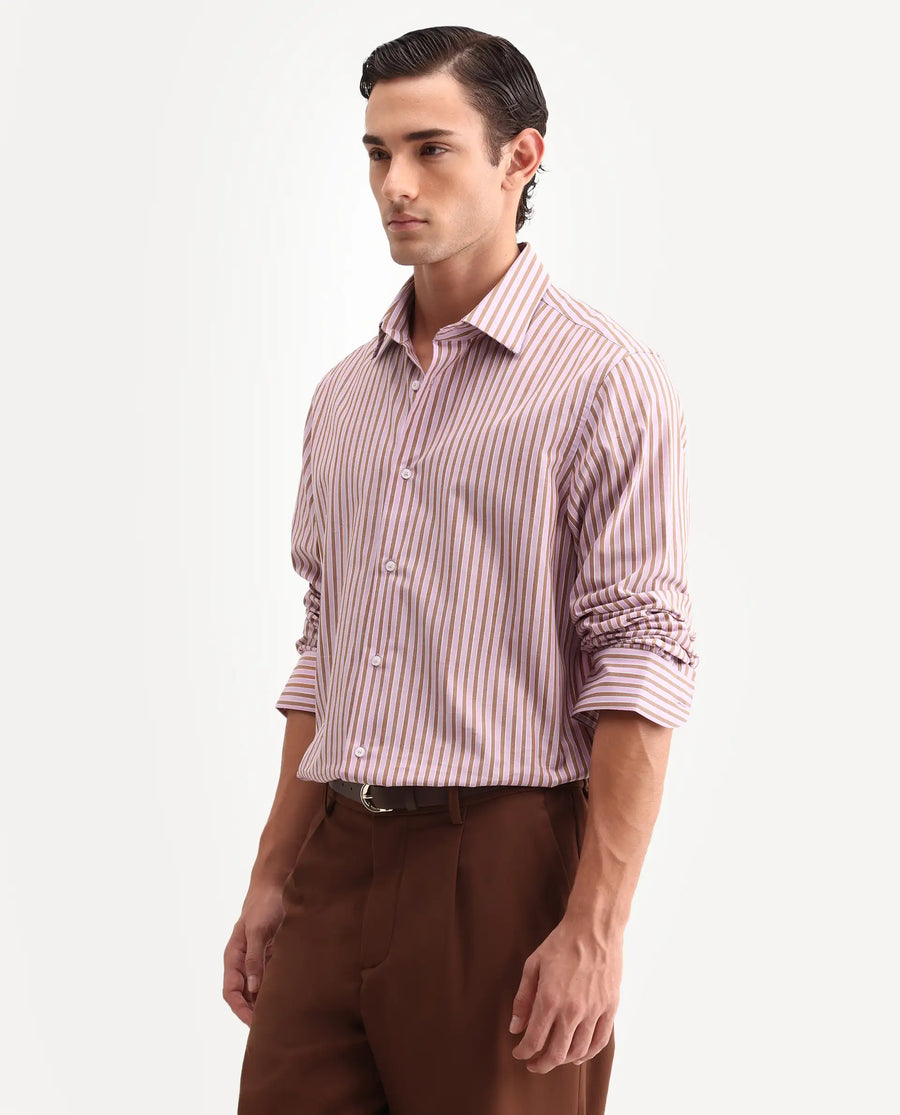 Rare Rabbit Men's Mant Pink Cotton Full Sleeve Spread Collar Regular Fit Striped Shirt