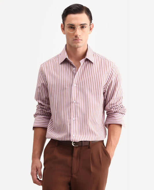 Rare Rabbit Men's Mant Pink Cotton Full Sleeve Spread Collar Regular Fit Striped Shirt