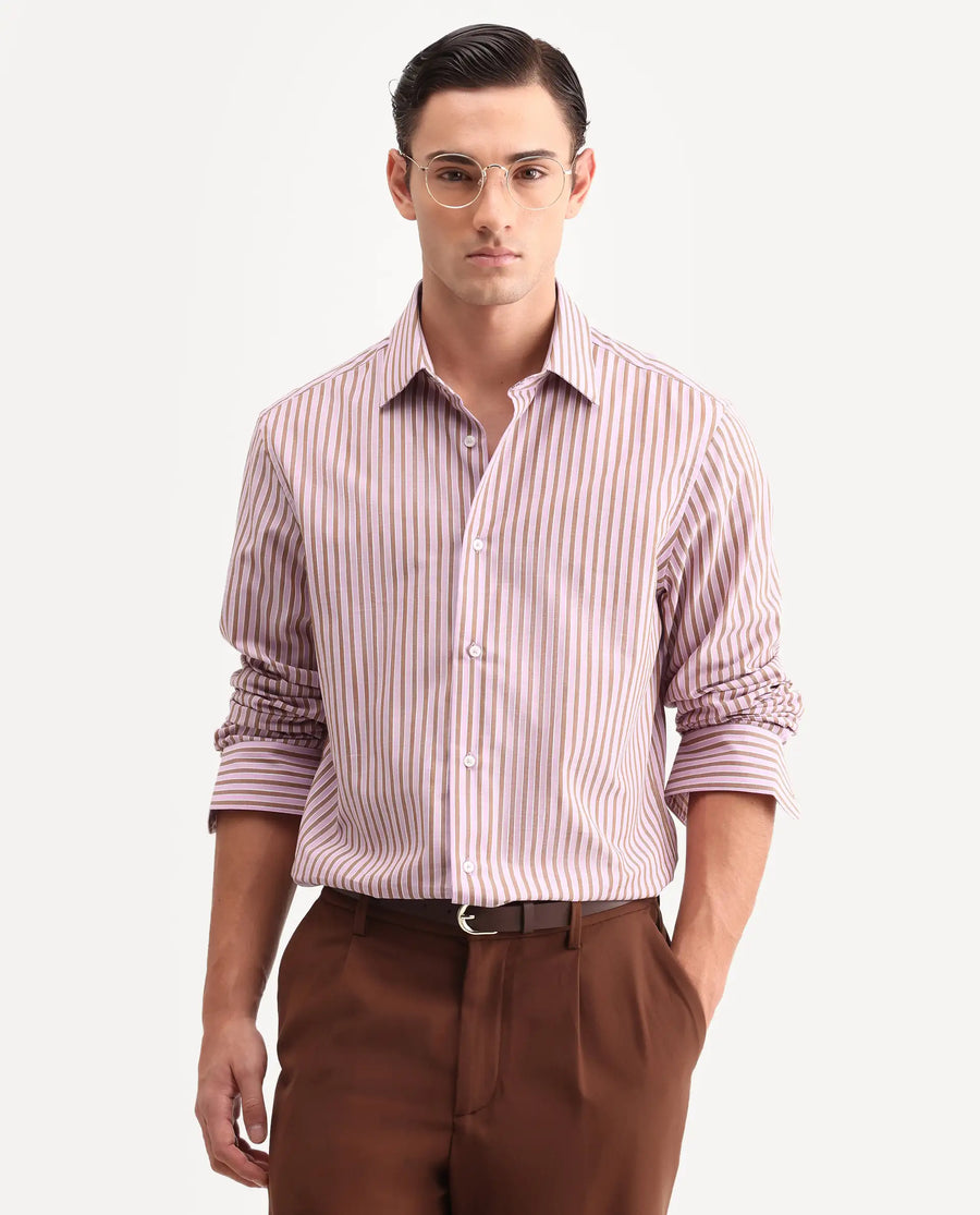 Rare Rabbit Men's Mant Pink Cotton Full Sleeve Spread Collar Regular Fit Striped Shirt