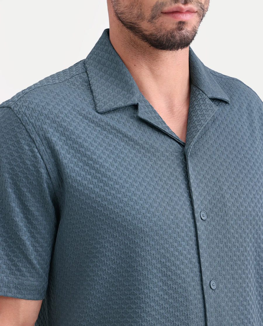 Rare Rabbit Men's Otis Dusky Blue Viscose Fabric Half Sleeve Cuban Collar Regular Textured Shirt