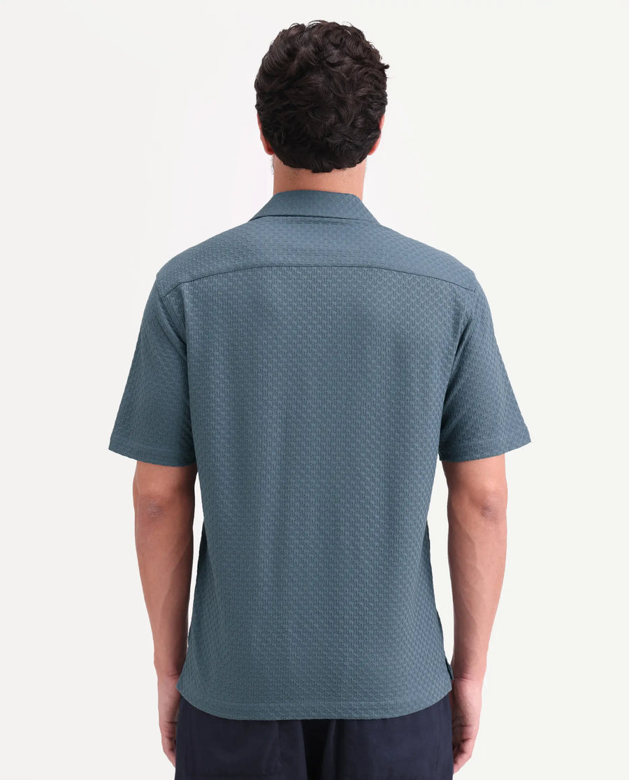 Rare Rabbit Men's Otis Dusky Blue Viscose Fabric Half Sleeve Cuban Collar Regular Textured Shirt