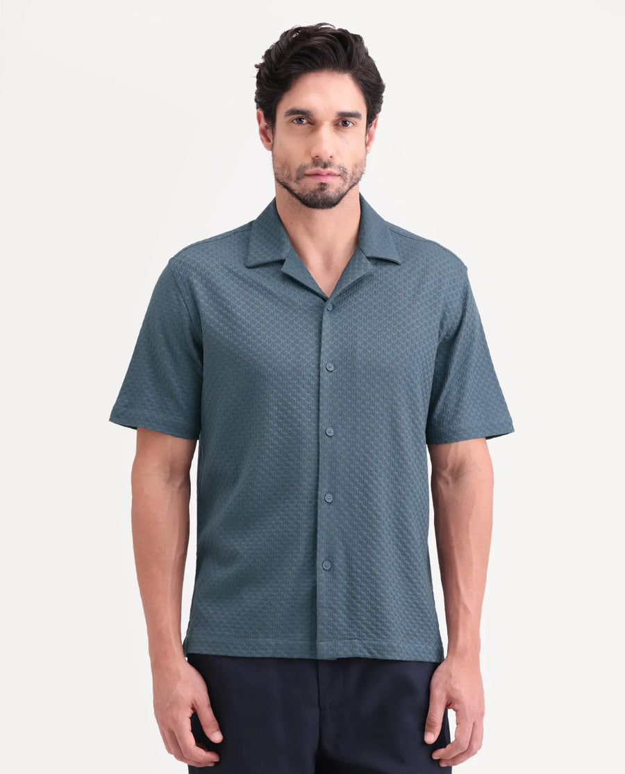 Rare Rabbit Men's Otis Dusky Blue Viscose Fabric Half Sleeve Cuban Collar Regular Textured Shirt