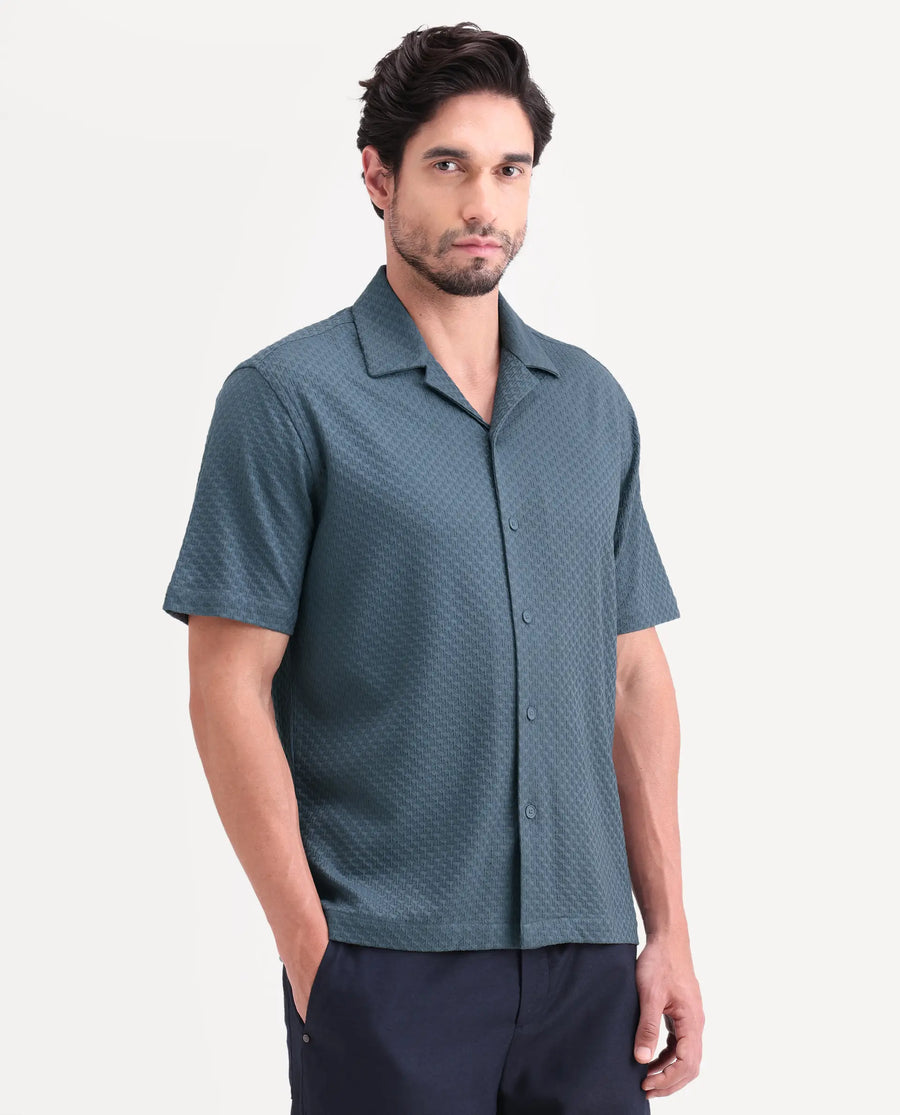 Rare Rabbit Men's Otis Dusky Blue Viscose Fabric Half Sleeve Cuban Collar Regular Textured Shirt