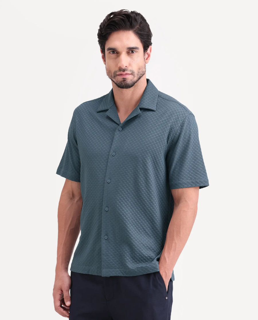 Rare Rabbit Men's Otis Dusky Blue Viscose Fabric Half Sleeve Cuban Collar Regular Textured Shirt
