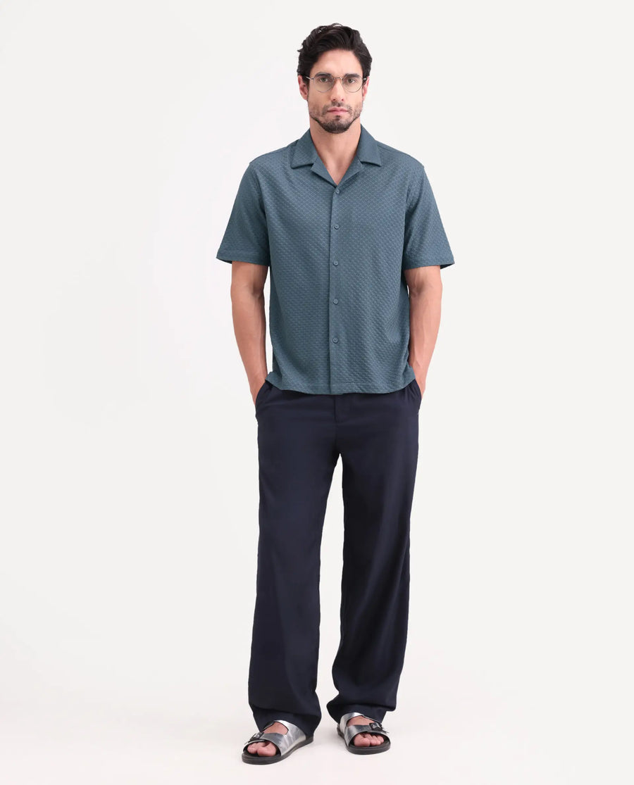 Rare Rabbit Men's Otis Dusky Blue Viscose Fabric Half Sleeve Cuban Collar Regular Textured Shirt