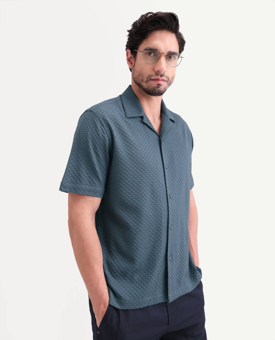 Rare Rabbit Men's Otis Dusky Blue Viscose Fabric Half Sleeve Cuban Collar Regular Textured Shirt
