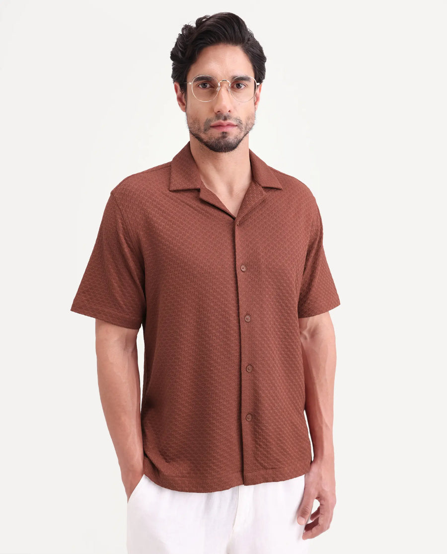 Rare Rabbit Men's Otis Light Rust Viscose Fabric Half Sleeve Cuban Collar Regular Textured Shirt