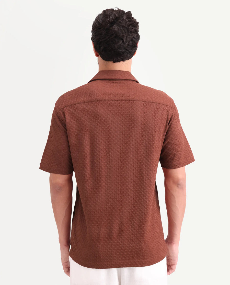 Rare Rabbit Men's Otis Light Rust Viscose Fabric Half Sleeve Cuban Collar Regular Textured Shirt