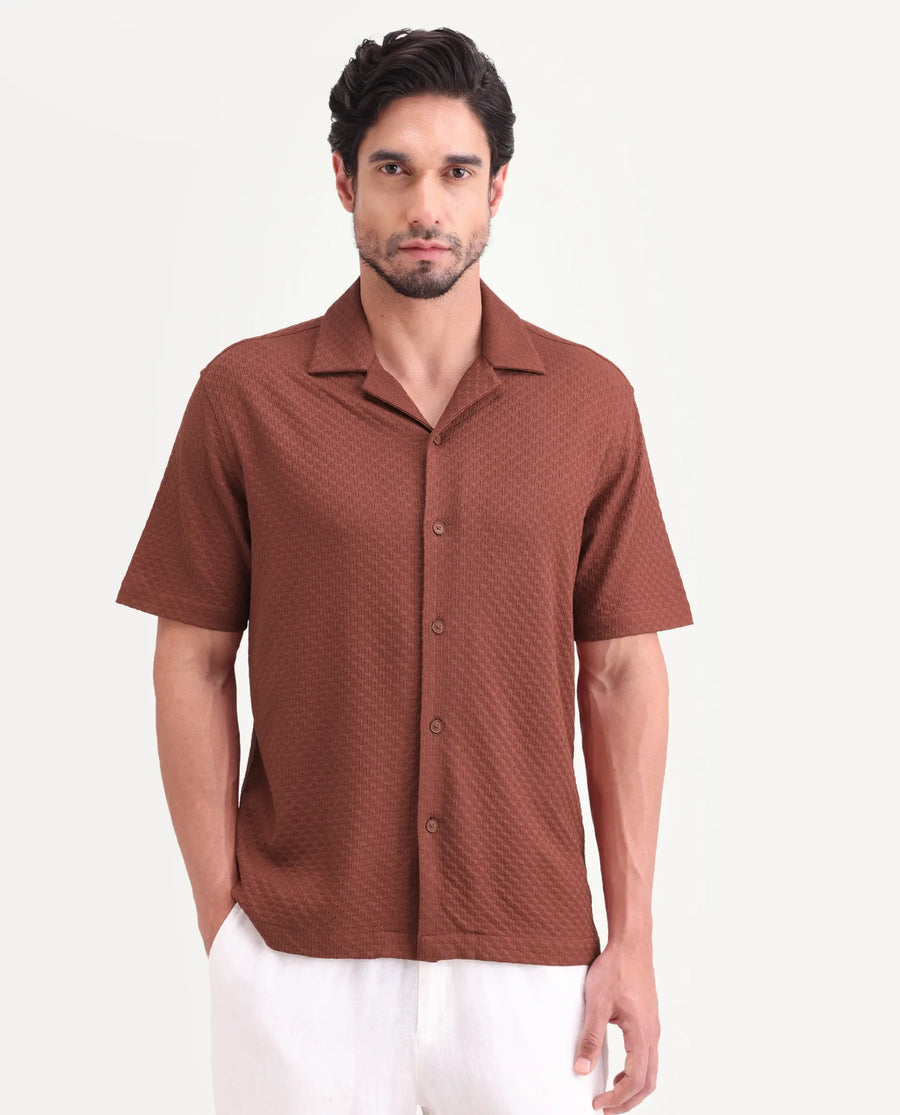 Rare Rabbit Men's Otis Light Rust Viscose Fabric Half Sleeve Cuban Collar Regular Textured Shirt