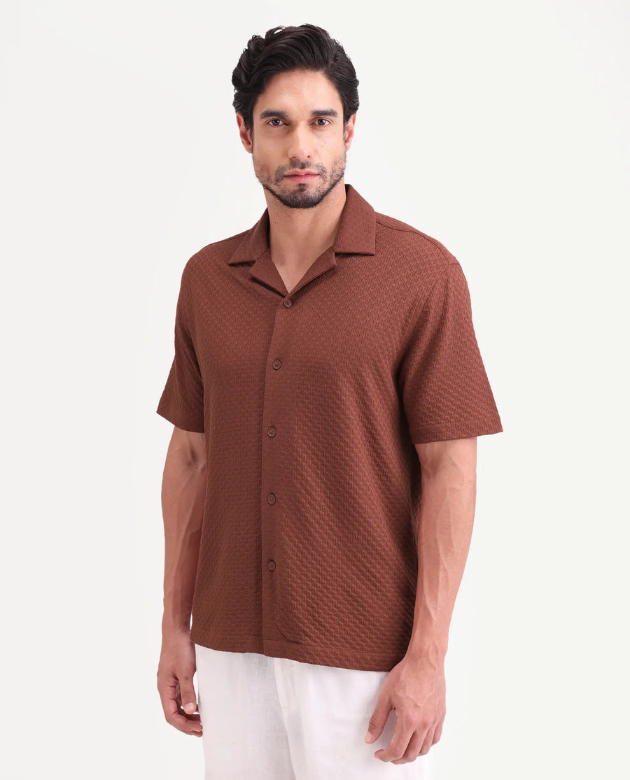 Rare Rabbit Men's Otis Light Rust Viscose Fabric Half Sleeve Cuban Collar Regular Textured Shirt