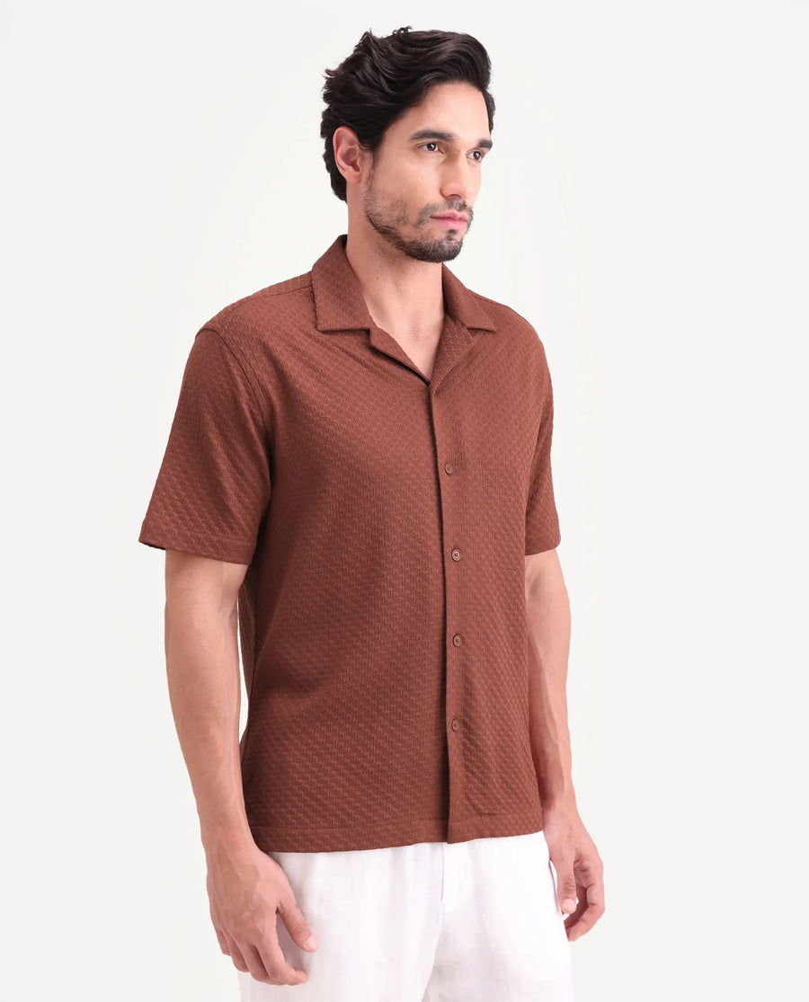 Rare Rabbit Men's Otis Light Rust Viscose Fabric Half Sleeve Cuban Collar Regular Textured Shirt