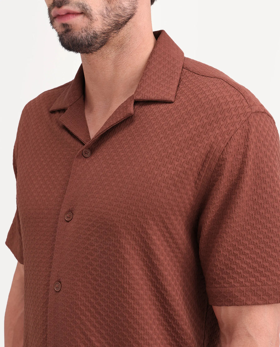 Rare Rabbit Men's Otis Light Rust Viscose Fabric Half Sleeve Cuban Collar Regular Textured Shirt