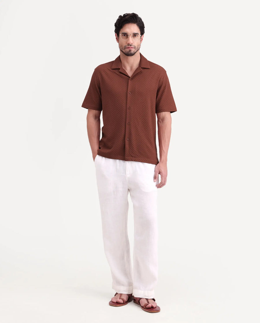 Rare Rabbit Men's Otis Light Rust Viscose Fabric Half Sleeve Cuban Collar Regular Textured Shirt