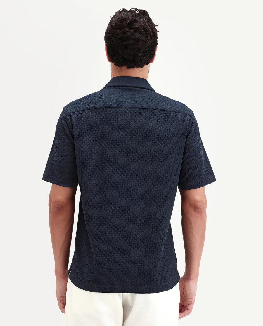 Rare Rabbit Men's Otis Dark Navy Viscose Fabric Half Sleeve Cuban Collar Regular Textured Shirt