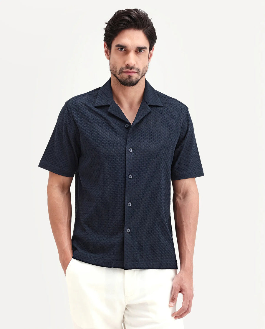 Rare Rabbit Men's Otis Dark Navy Viscose Fabric Half Sleeve Cuban Collar Regular Textured Shirt