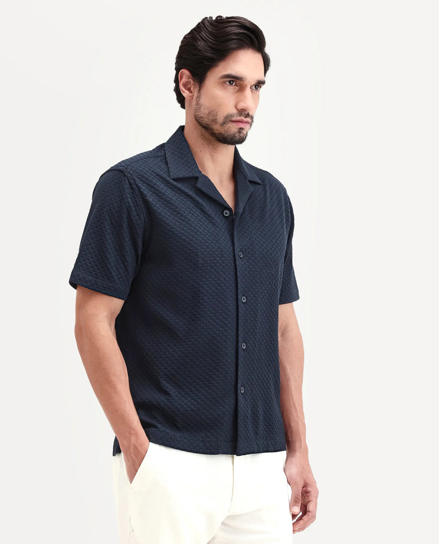Rare Rabbit Men's Otis Dark Navy Viscose Fabric Half Sleeve Cuban Collar Regular Textured Shirt