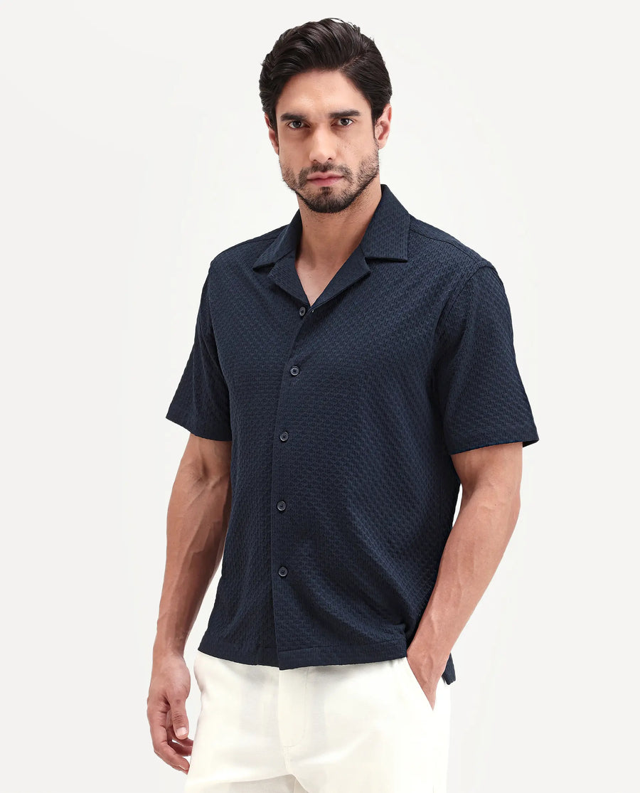 Rare Rabbit Men's Otis Dark Navy Viscose Fabric Half Sleeve Cuban Collar Regular Textured Shirt