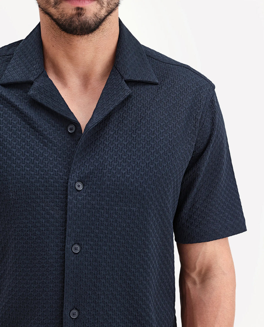 Rare Rabbit Men's Otis Dark Navy Viscose Fabric Half Sleeve Cuban Collar Regular Textured Shirt