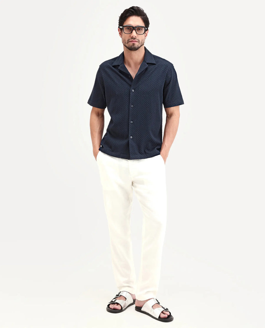 Rare Rabbit Men's Otis Dark Navy Viscose Fabric Half Sleeve Cuban Collar Regular Textured Shirt