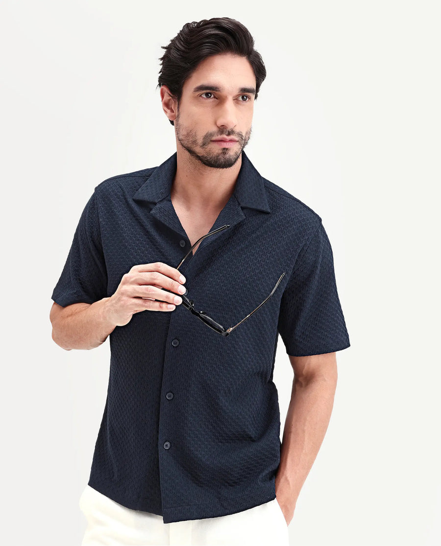 Rare Rabbit Men's Otis Dark Navy Viscose Fabric Half Sleeve Cuban Collar Regular Textured Shirt